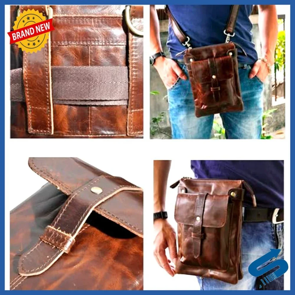 Genuine Leather Fanny Pack Messenger Bag Adjustable Strap Tablet Fit - Picture 7 of 7